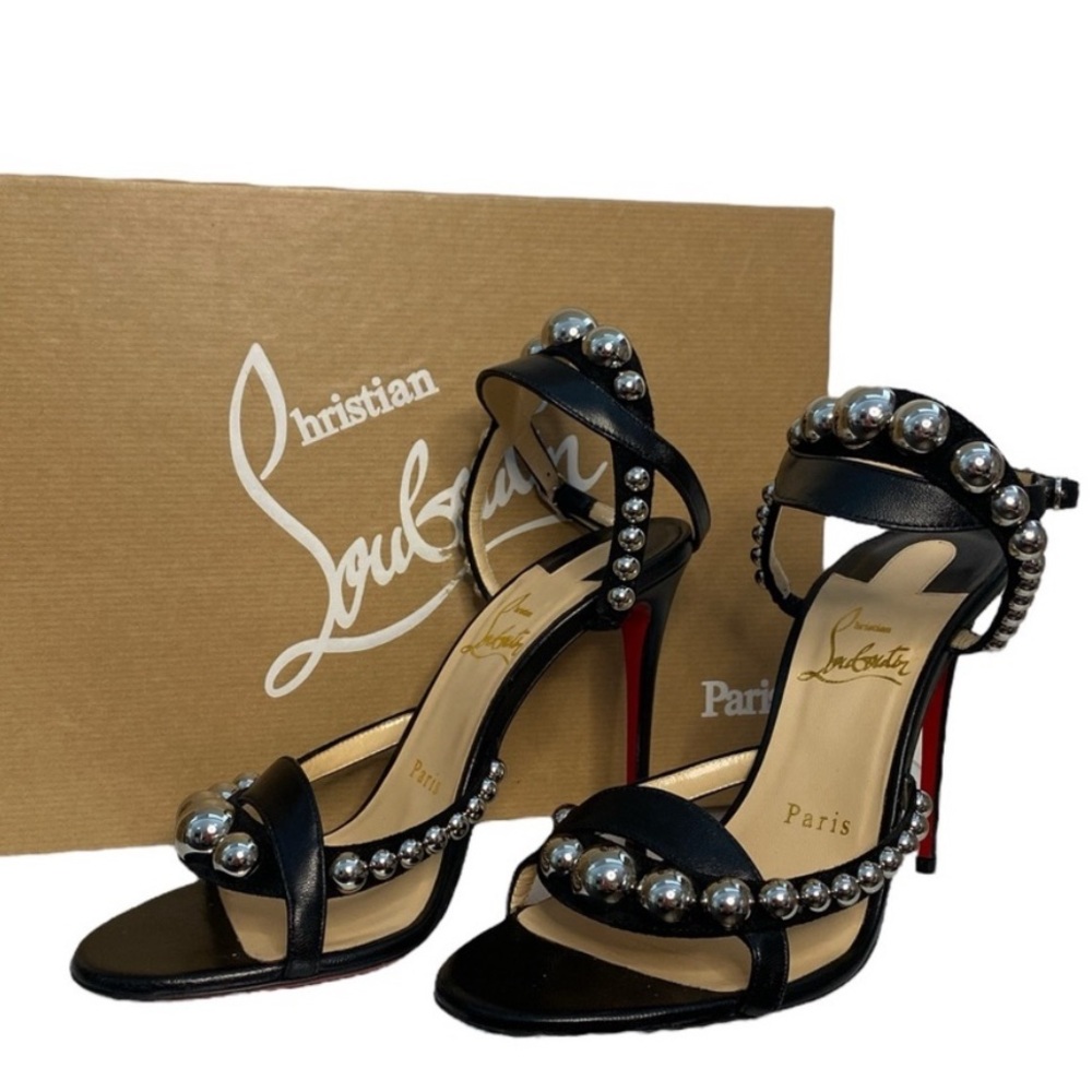 Christian Louboutin Galeria Napa Black W/Silver Embellished  100mm Heels 38.5